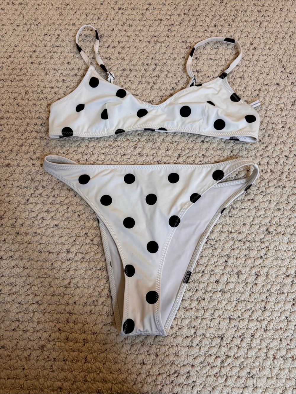 Solid and Striped Polka Dot Bikini Set - White with Black Dots